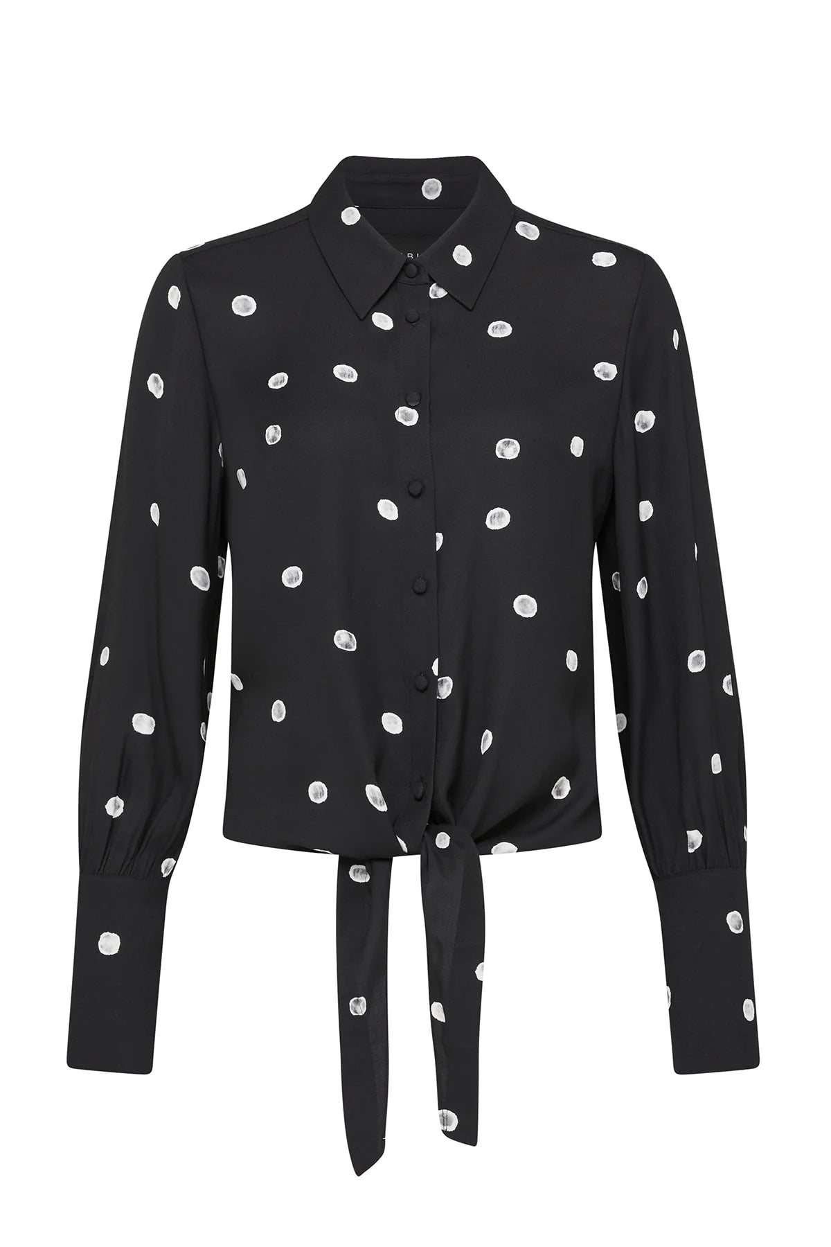 Cable Melbourne Hepburn Blouse in Black Spot, flat lay showing the collared button-through front and tie hem