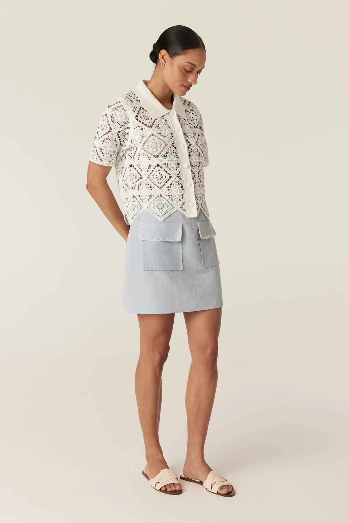 Cable Melbourne Leona Skirt in Ice Blue, worn - three-quarter view