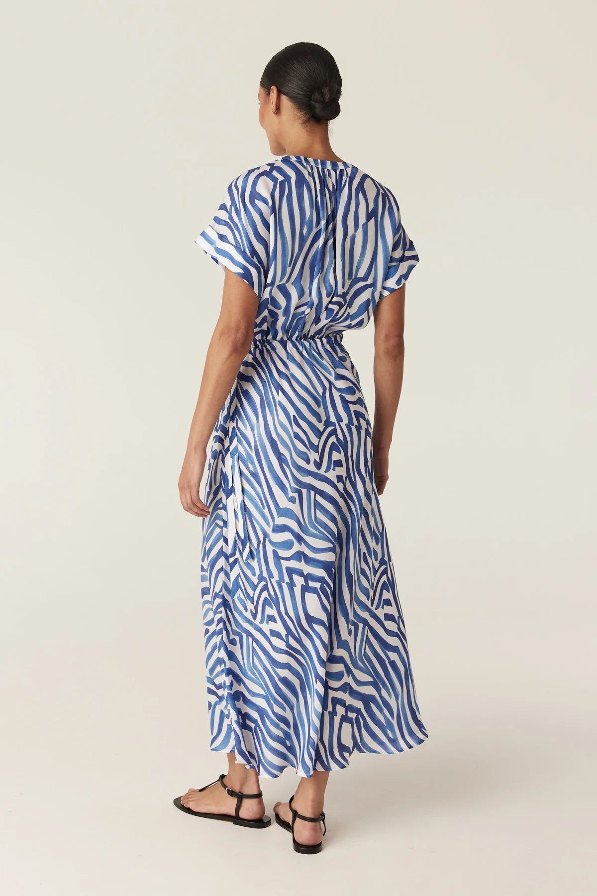 Cable Melbourne Sea Breeze Midi Dress in Blue Wave Print, worn - back