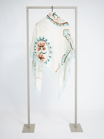 Herzens wool cashmere scarf in Salt Air Multi, draped view with aqua fringe – Haus of Alma