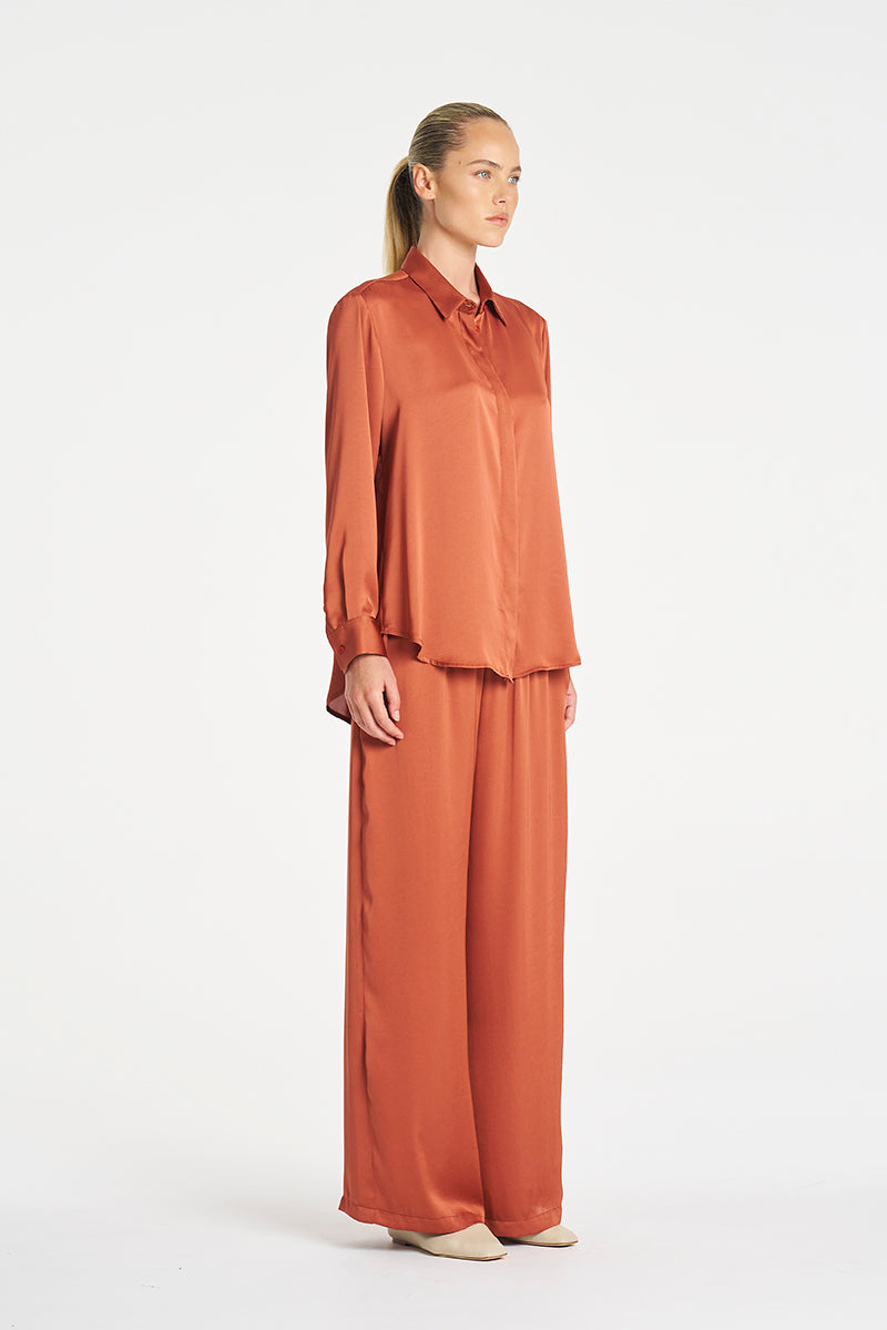 Mela Purdie Maxi Pace Pant in Copper, Mirror Satin fabric – side view