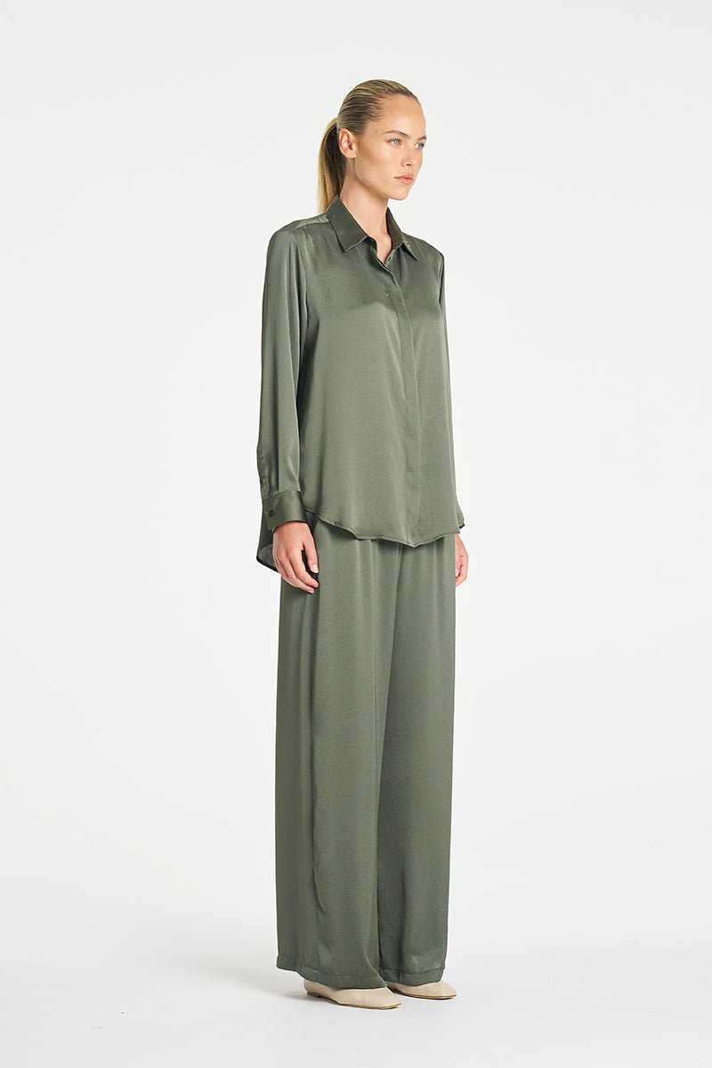 Mela Purdie Soft Shirt in Sage, Mirror Satin fabric – side view