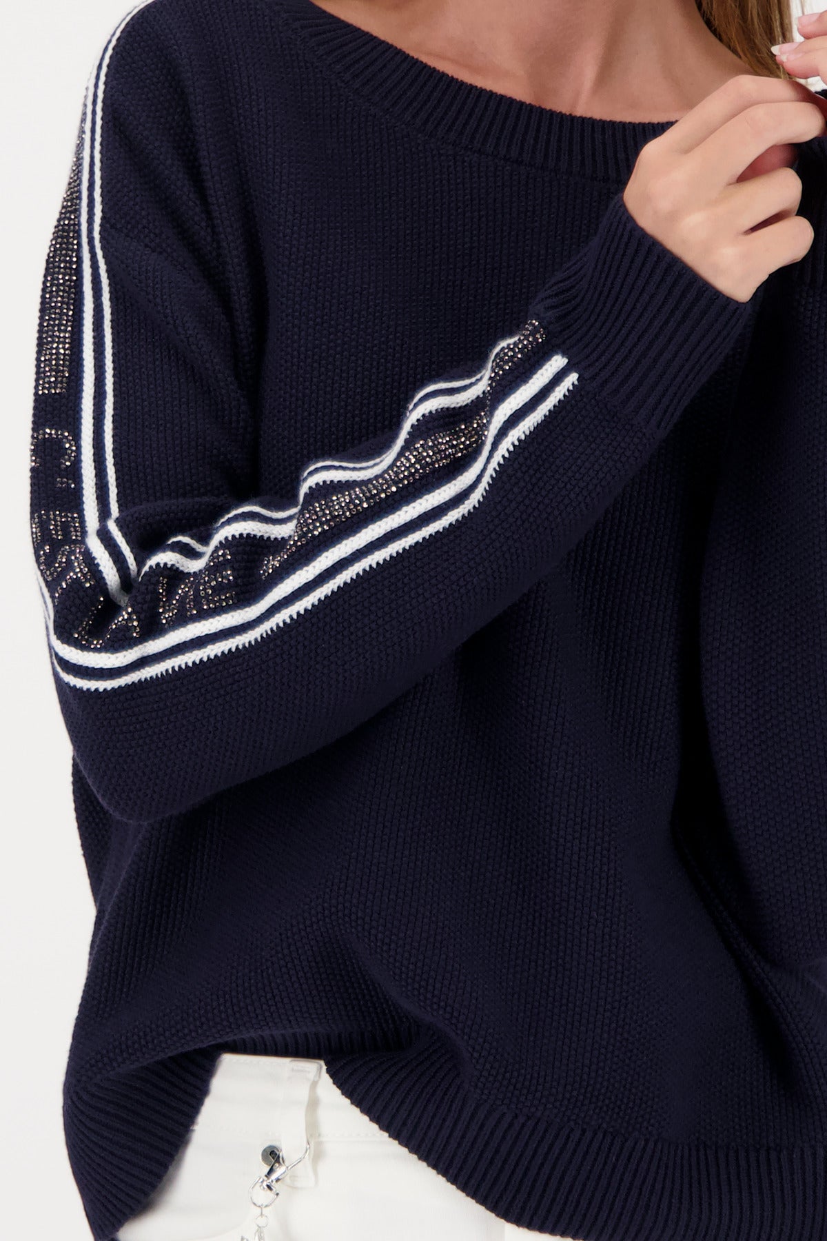 Monari Striped Decorated Sweater in Marine - close-up detail, worn