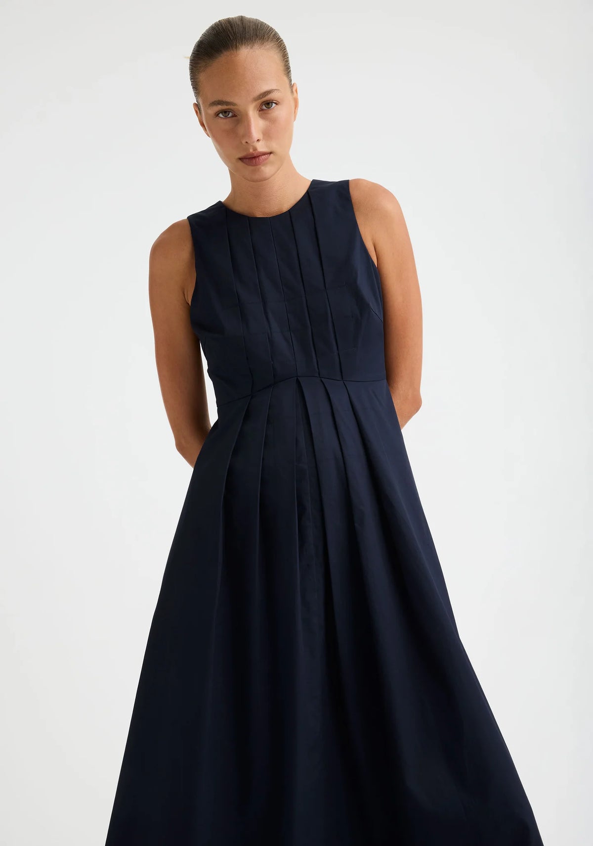 Morrison Maddison Dress in Navy - pleat and curved waist seam detail