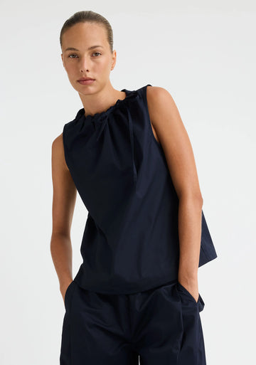 Morrison Maddison Tie Top in Navy, worn - front