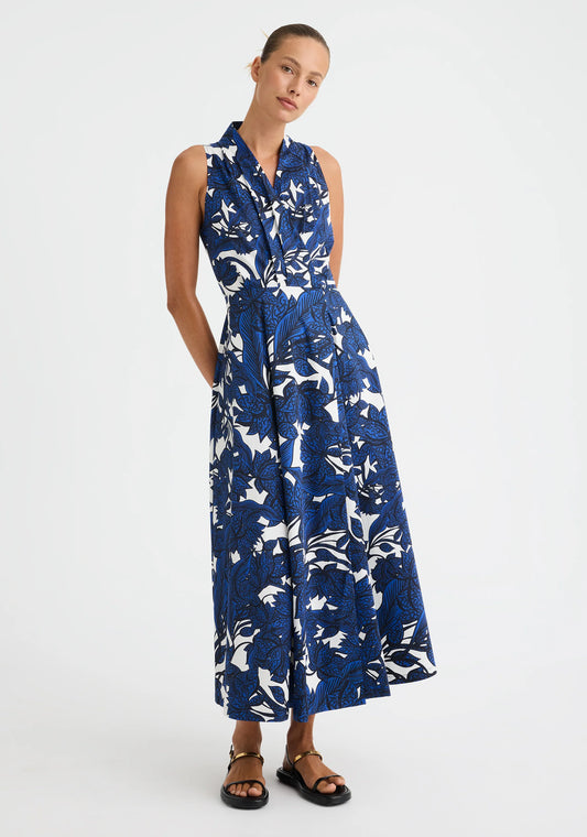 Morrison Sadie Wrap Dress in exclusive navy and white print, worn - front