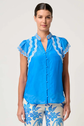 thalassa embroidered silk cotton flutter sleeve top