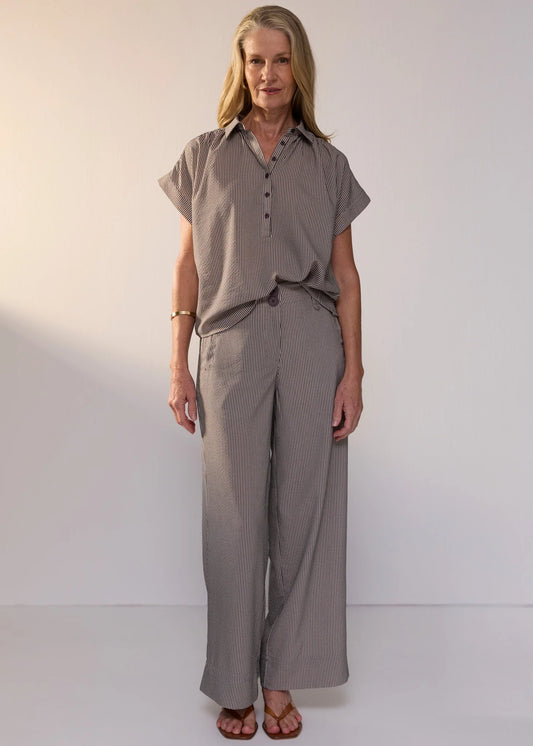 POL Clothing Dylan Shirt in Shadow Stripe, worn - front with the matching Dylan Pant