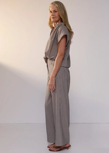 POL Clothing Dylan Shirt in Shadow Stripe, worn - side showing the cap sleeve