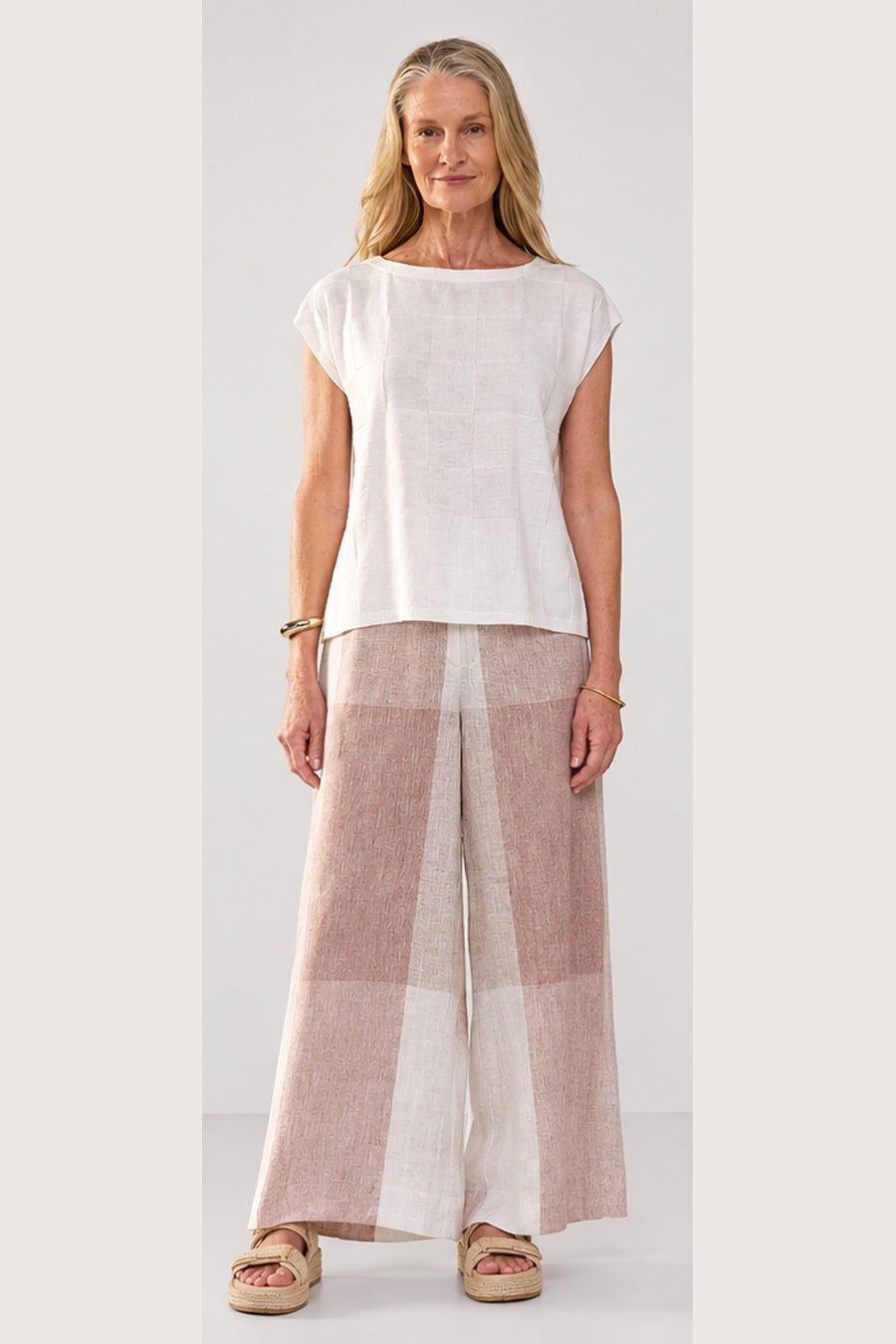 POL Clothing Nixie Pant in Toffee Gingham, worn - front, styled with the Naia Check Tee