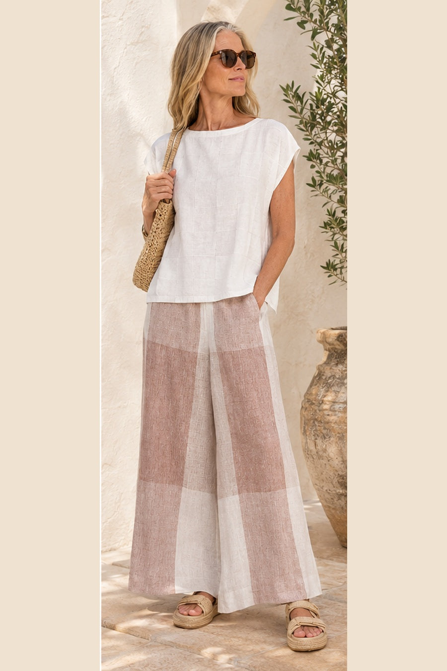 POL Clothing Nixie Pant in Toffee Gingham, styled with the Naia Check Tee and a woven bag