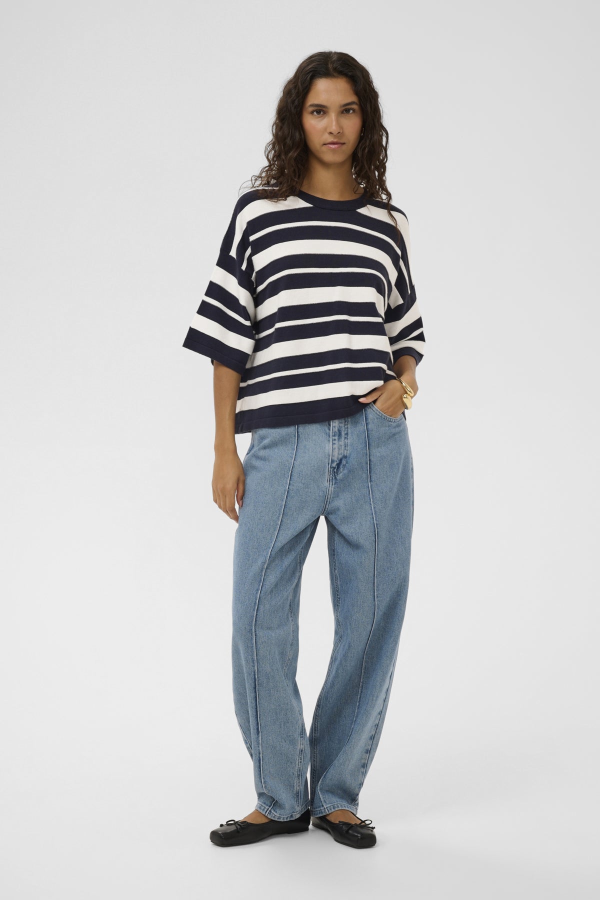 Soaked in Luxury Spina Boxy Structure Pullover in India Ink and White Stripe