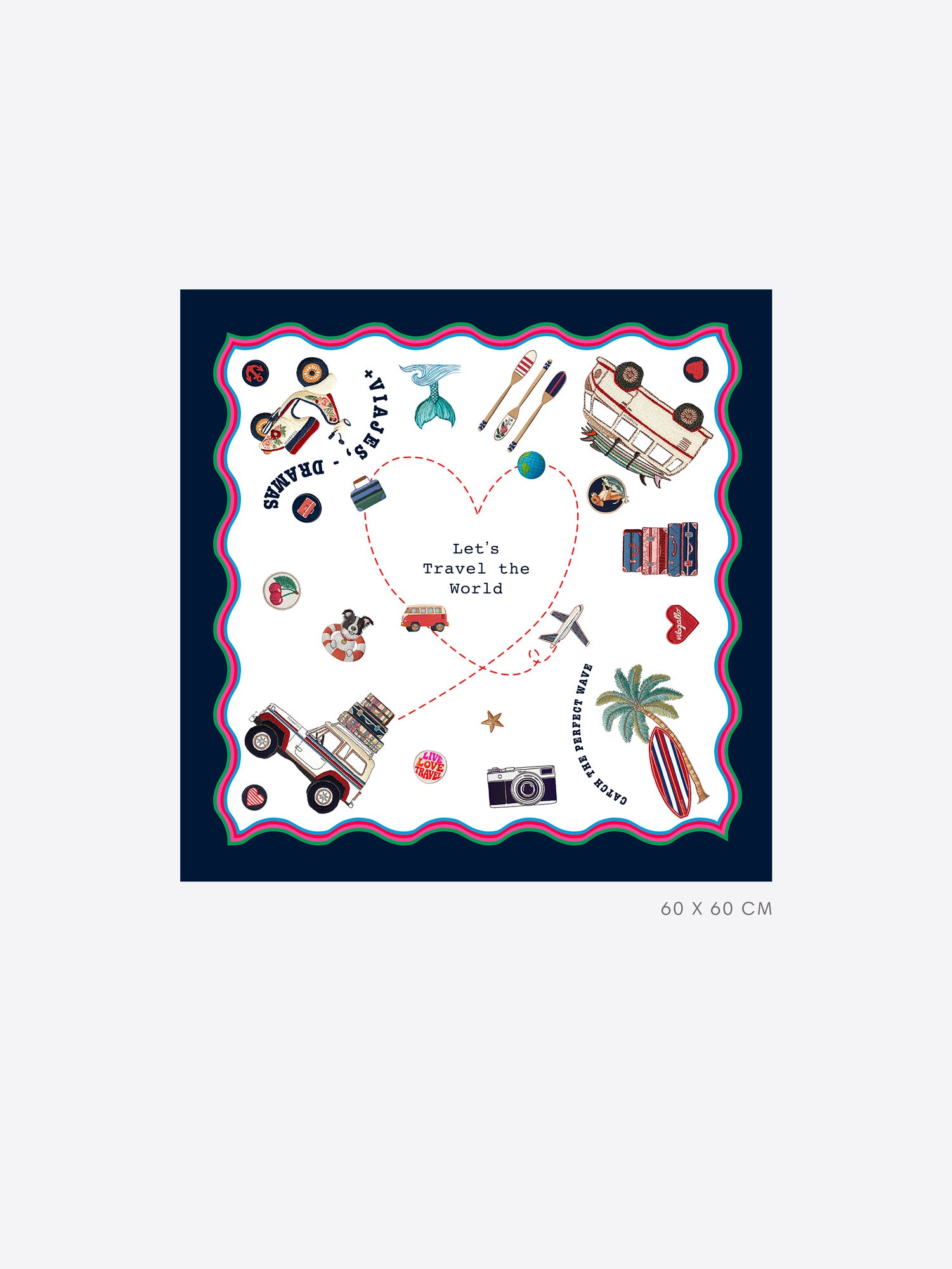 Vilagallo Surf Print Medium Silk Scarf flat lay, 60 x 60 cm Let's Travel The World surf print