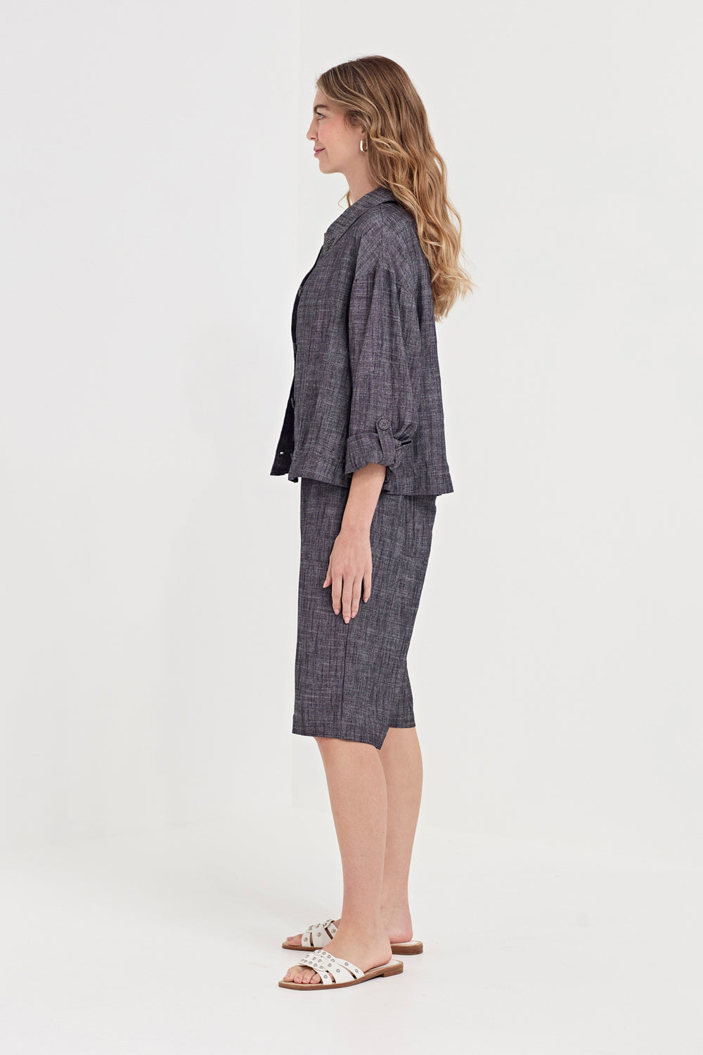 Verge True Jacket in Ink, worn - side