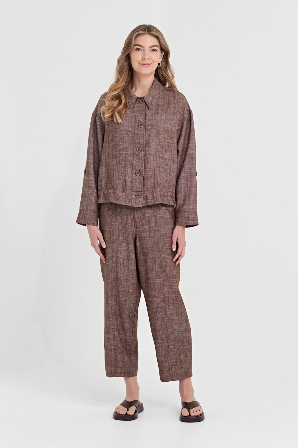 Verge True Jacket in Cocoa, worn - front styled with the Faithful Pant