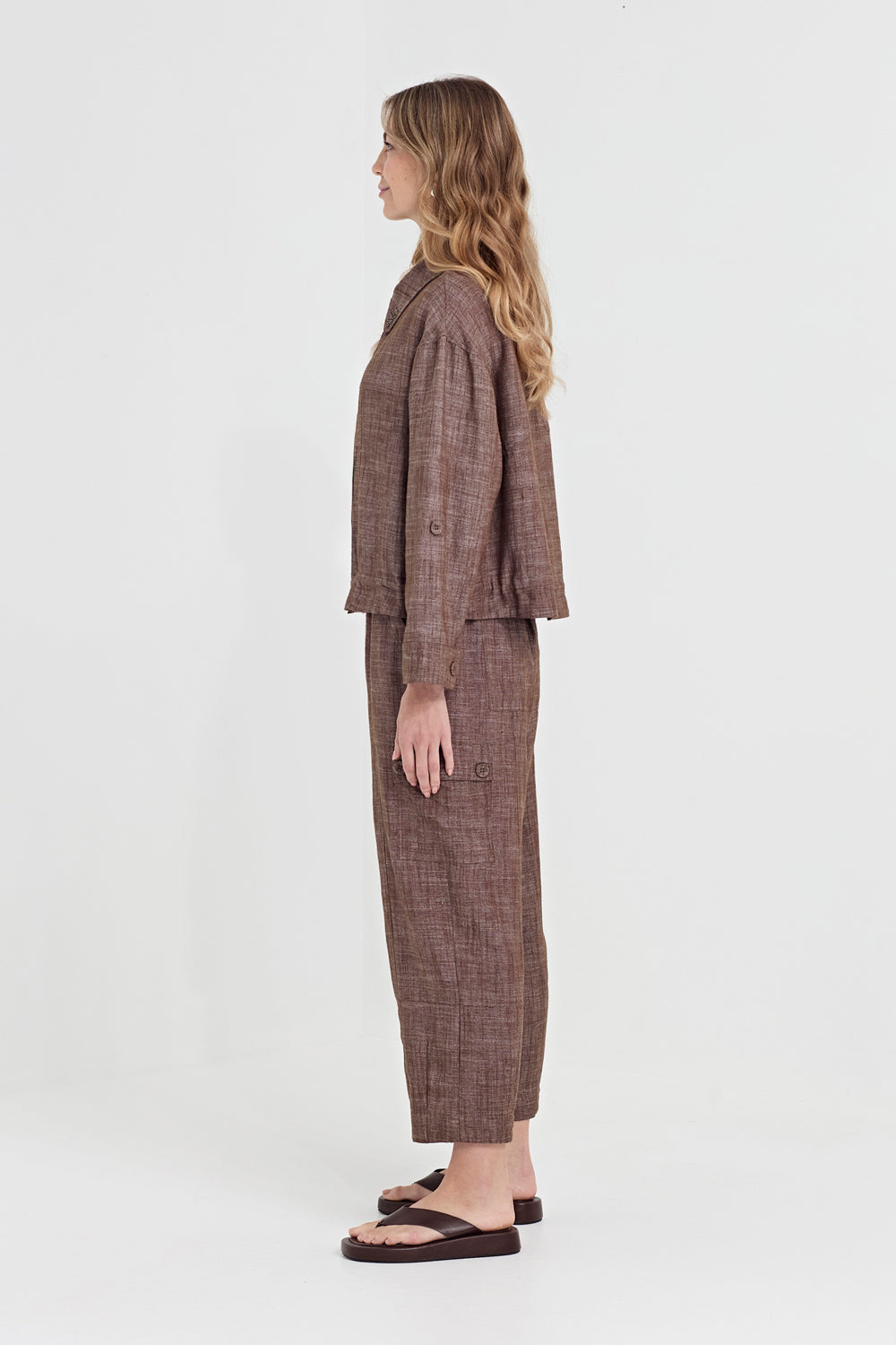 Verge True Jacket in Cocoa, worn - side